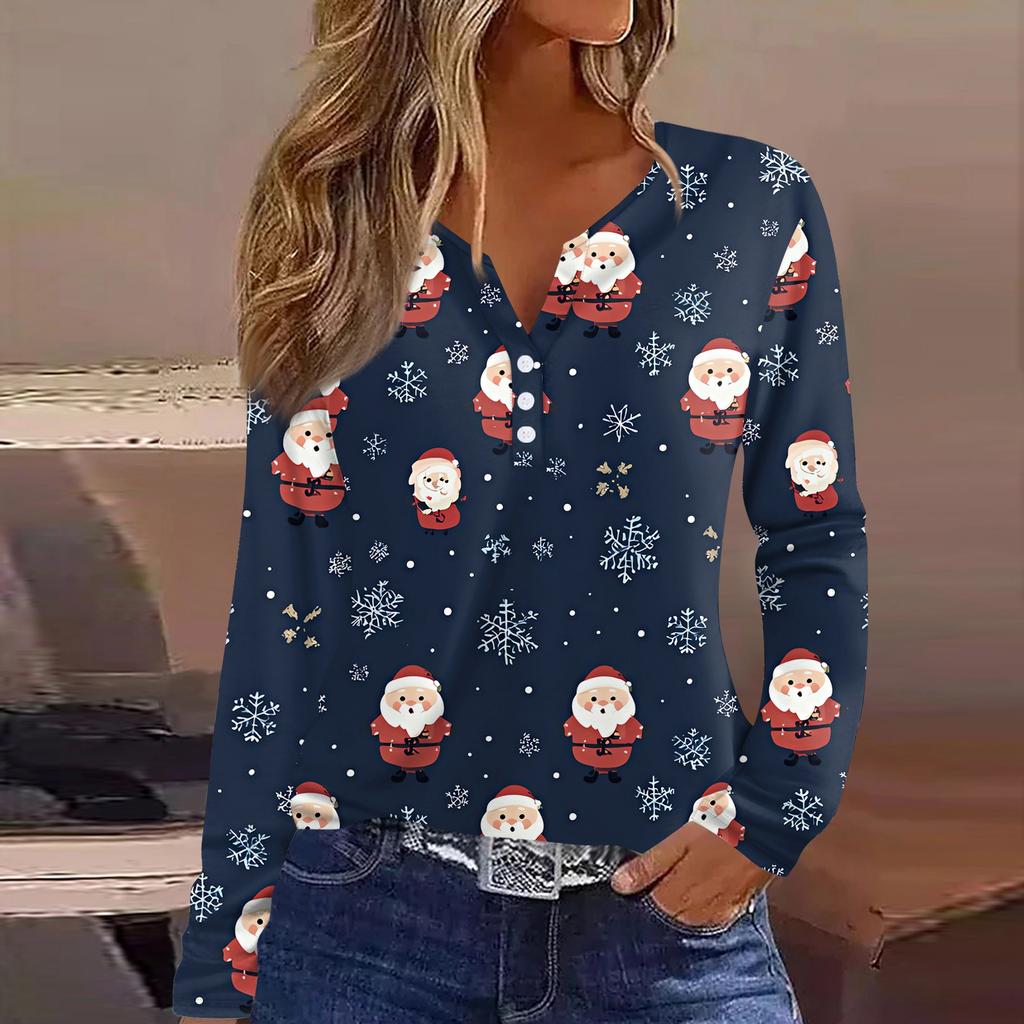Women's T Shirt Tee Christmas Printed Button Long Sleeve Tunic Daily Weekend Fashion Basic V- Neck Regular Top