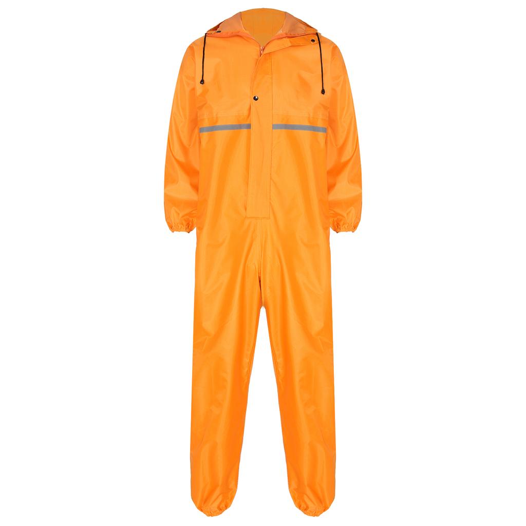 Mens Waterproof Jumpsuit Reflective Strip Rainsuit Long Sleeve Hooded Raincoat Zipper Coverall Workwear