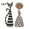 Artistic Home Accessories Vintage Polka Dot Dress Lady/Striped Cat Figurine, Retro Resin Desktop Ornament Handmade Figurine for Decor, Hand