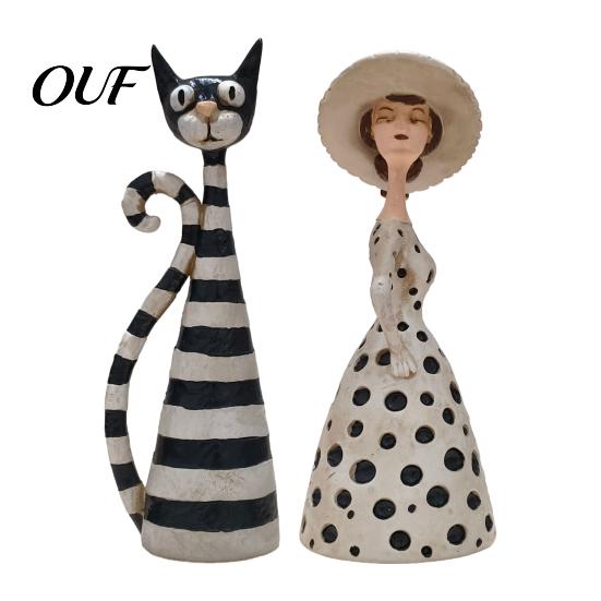 Artistic Home Accessories Vintage Polka Dot Dress Lady/Striped Cat Figurine, Retro Resin Desktop Ornament Handmade Figurine for Decor, Hand
