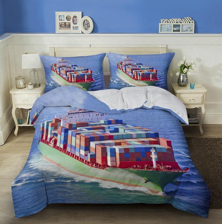 3D Ship Duvet Cover Set King Queen Size Large Freighter Container Print Bedding Set Blue Sea 2/3pcs Polyester Comforter Cover