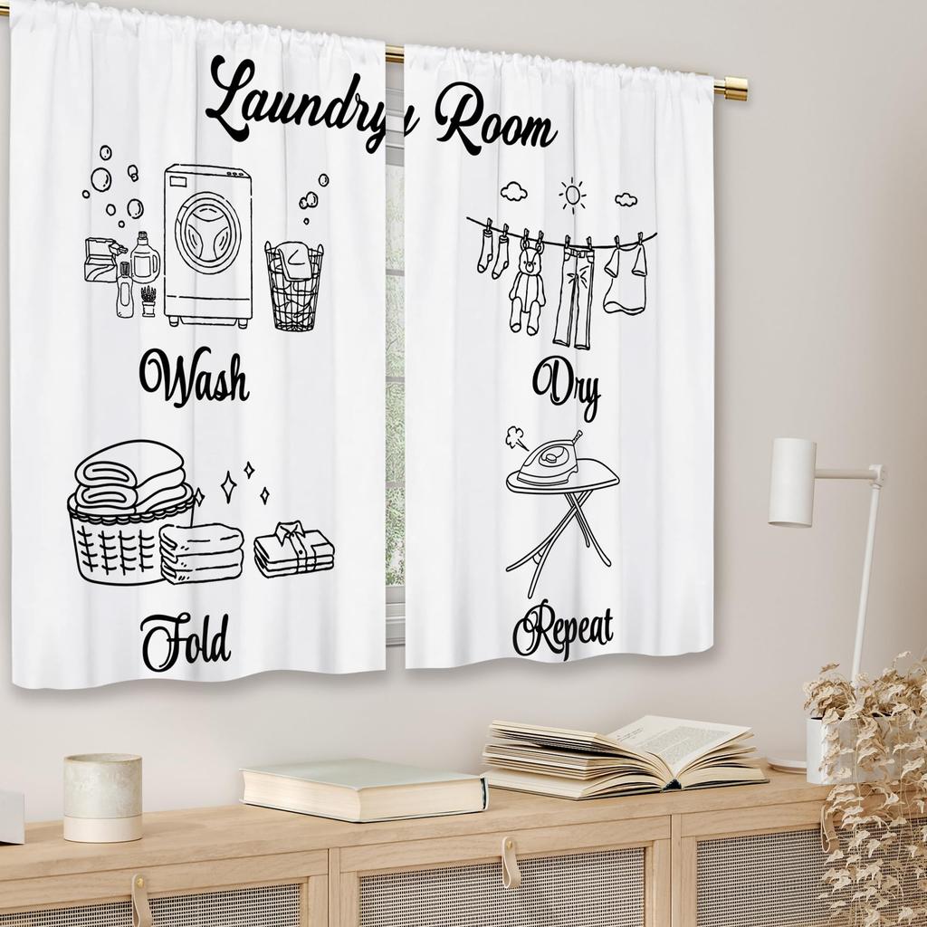 Fresh Pastoral Laundry Short Curtain Washing Drying Folding Repeated Slogan Decoration White