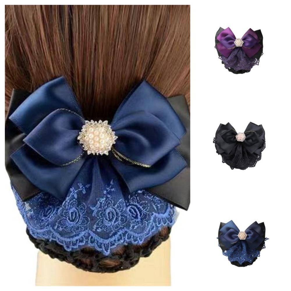 Pearl Bowknot Spring Clip Ribbon Hair Net Cover Elegant Bun Snood  Bank