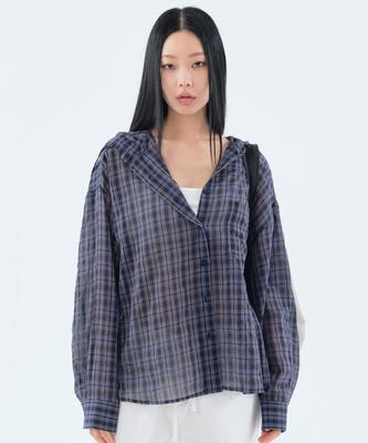 NOIAGO [Choi Soyoon X Noiago] Noi1866 Клетчатая рубашка с капюшоном (военно-морской флот)