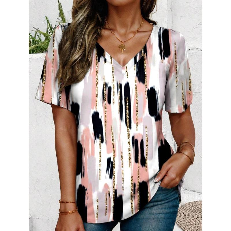 Women's T-Shirts Geometric Color Blocks Graphics Fashion Short Sleeved V-Neck Regular Tops Daily Prints Tee Summer Casual Tops