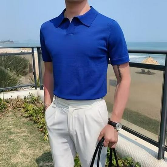 Men's Summer Ice Silk Knitted Slim Fit Polo Shirt - Short Sleeve, Pure Color, Casual Lapel T-shirt
