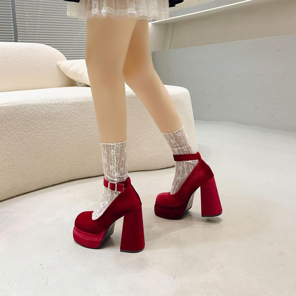 Retro Thick Heel Mary Janes High Heels Spring Autumn Pink Wedding Shoes Heightening Shoes