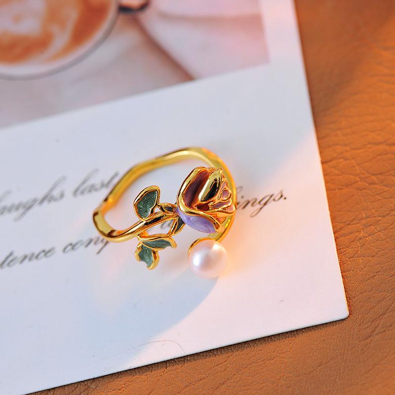 Ретро Эмалевое Кольцо с Открытым Цветком - Винтажный Стиль с Дизайном Капли