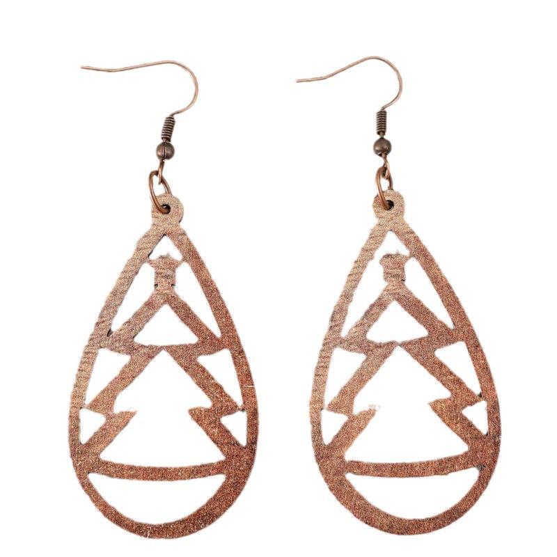Retro Teardrop Cutout Christmas Tree Wooden Earrings