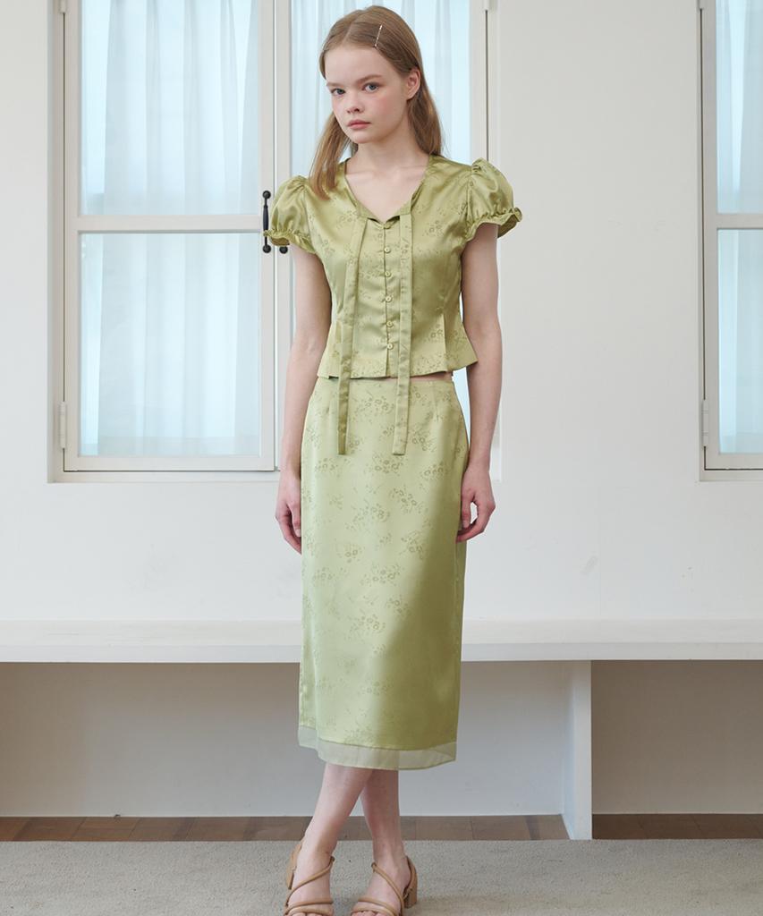 OPENING SUNSHINE Set - Satin Jacquard Tie Blouse + H Midi Skirt Olive