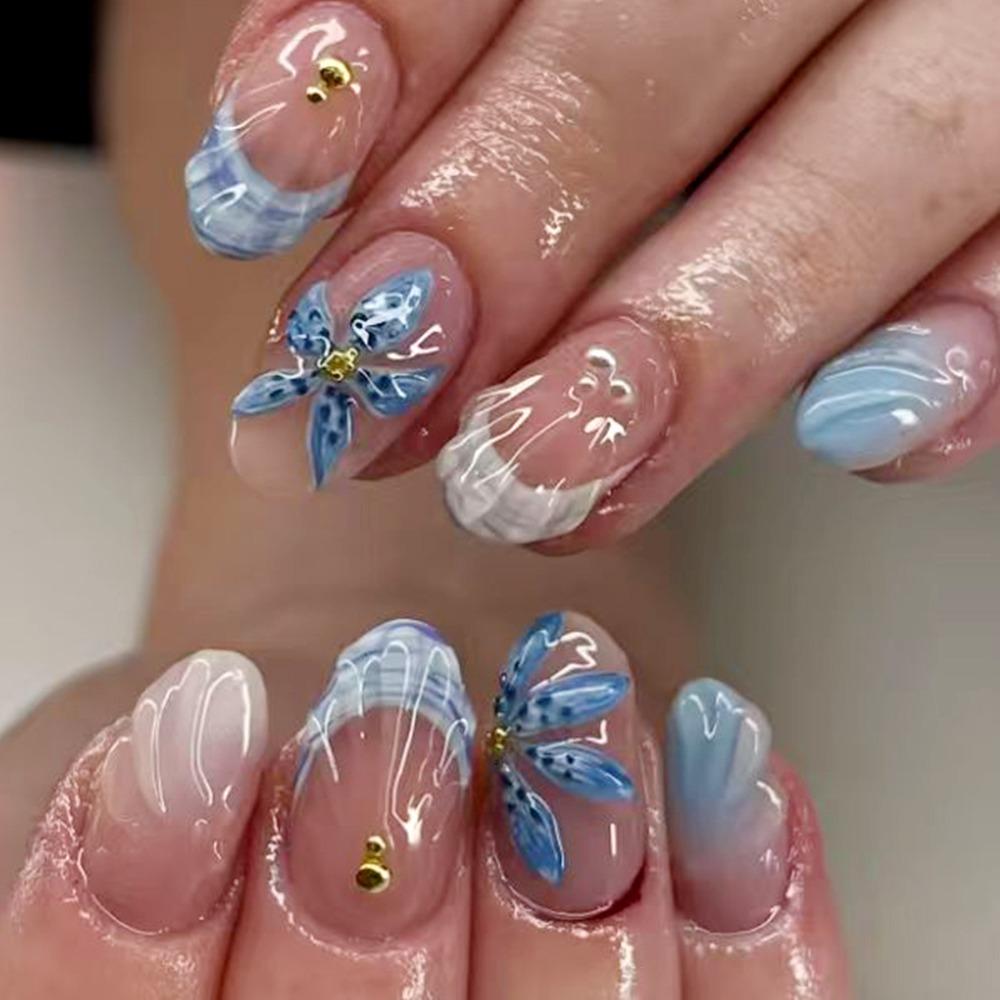 24Pcs 3D Gel False Nail Full Cover Fake Nail Tips French Press on Nails Women