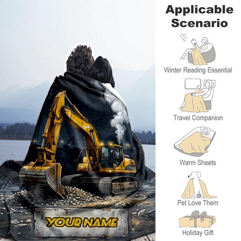 1PC Custom Name "Excavator Action" flannel blanket versatile,all-season throw suitable for the living room,bedroom,camping,travel,and gift