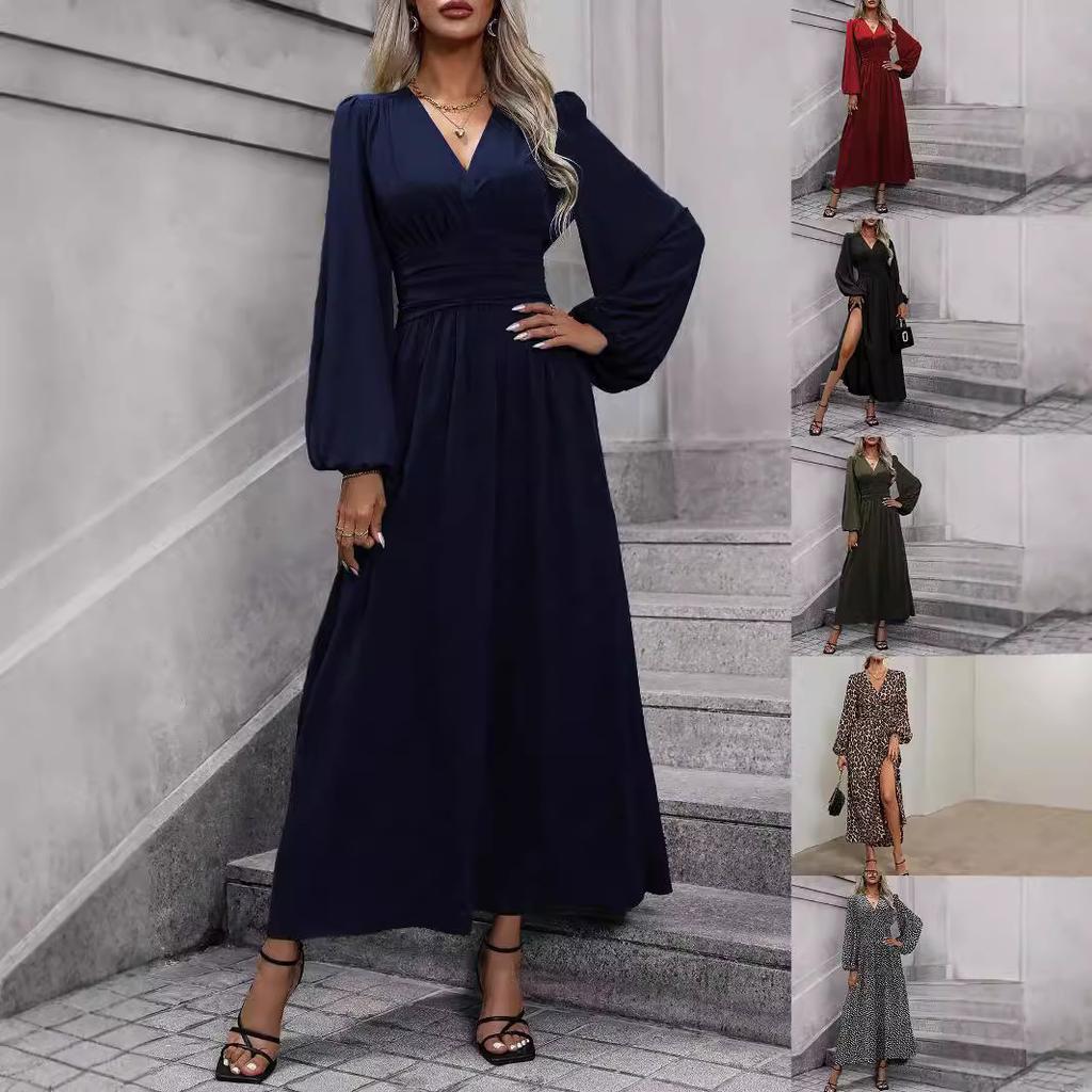 Autumn and winter new women's lantern sleeves with high split ends dress black navy blue burgundy army green leopard print