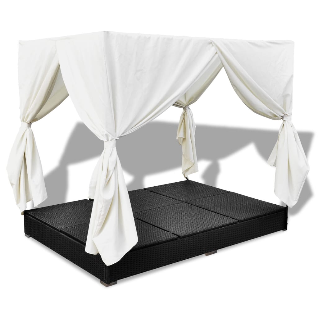 Outdoor Double Sun Lounger with Canopy and Curtains Poly Rattan Black