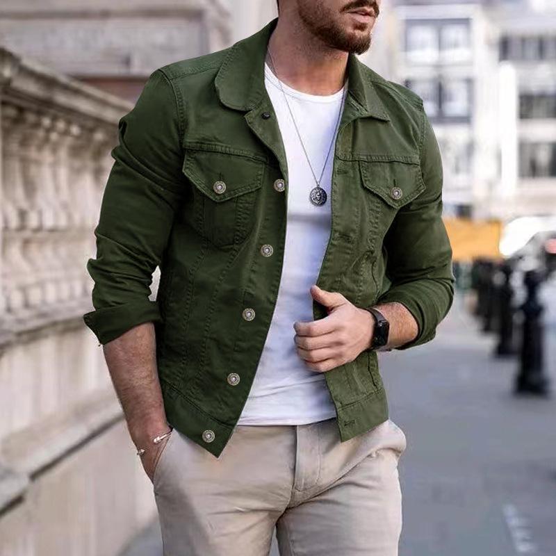Men S European American Fashion Slim Fit Work Jacket With Pockets Buttons