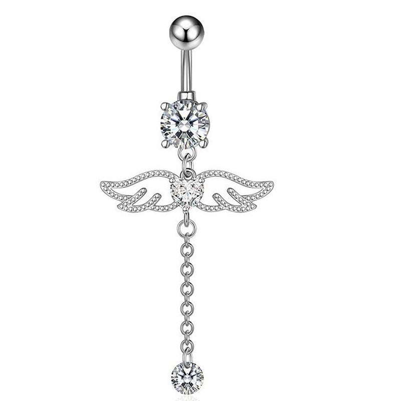 Модные кольца для пупка с крыльями ангела, циркониевое кольцо в форме сердца, симпатичное хрустальное подвесное украшение в виде штанги для пупка, пирсинг для тела