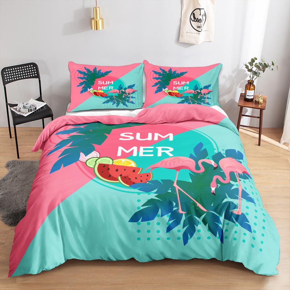 Animal Flamingo King Queen Duvet Cover Cartoon Pink Tropical Bird Bedding Set For Kids Teens Aduls Blue Soft 2/3pcs Quilt Cover