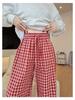 Красные клетчатые брюки с высокой талией и широкими штанинами для женщин - Ленивый стиль, Лён, Идеально для весны и осени