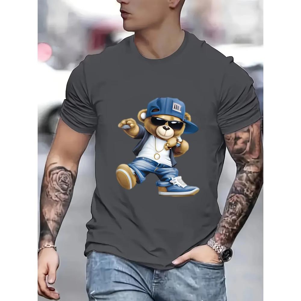 Мужская летняя модная повседневная спортивная футболка свободного кроя из 100 хлопка с принтом в виде мультяшного крутого медведя и круглым вырезом с коротким рукавом