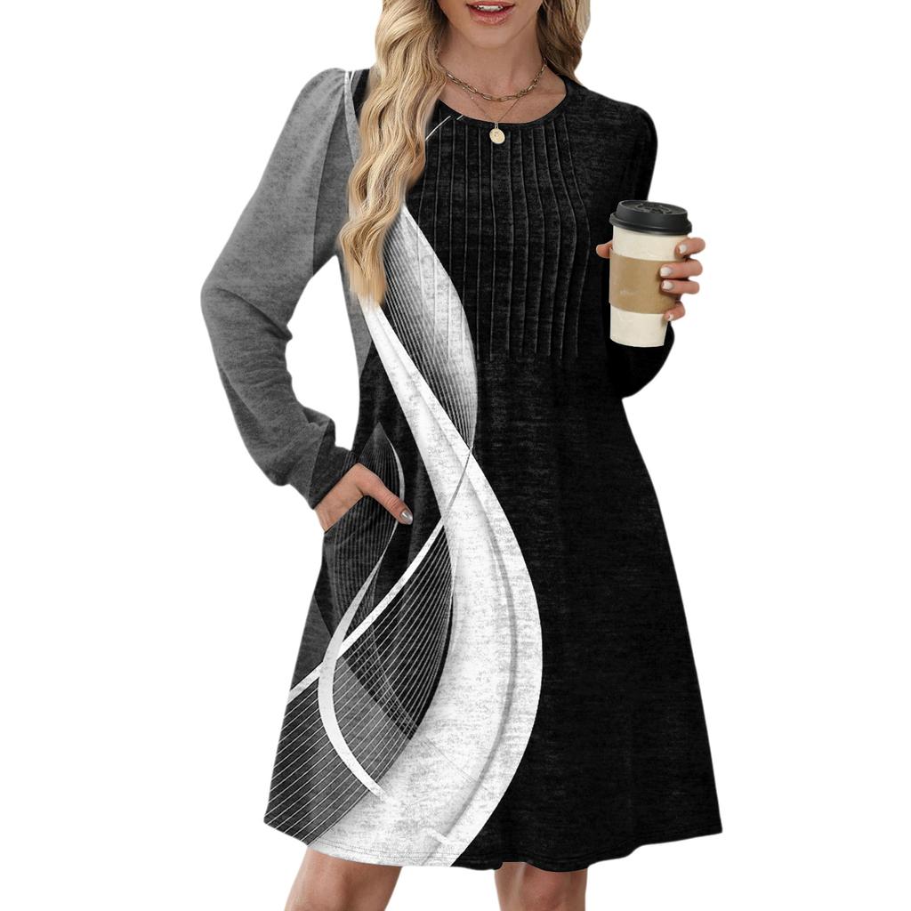 Женское повседневное платье с длинным рукавом, плиссировкой, круглым вырезом, винтажным цветочным принтом и карманами