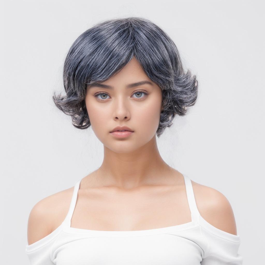 Женские модные синтетические пушистые парики с боковой челкой женские короткие вьющиеся черные седые волосы парики из высокотемпературного волокна