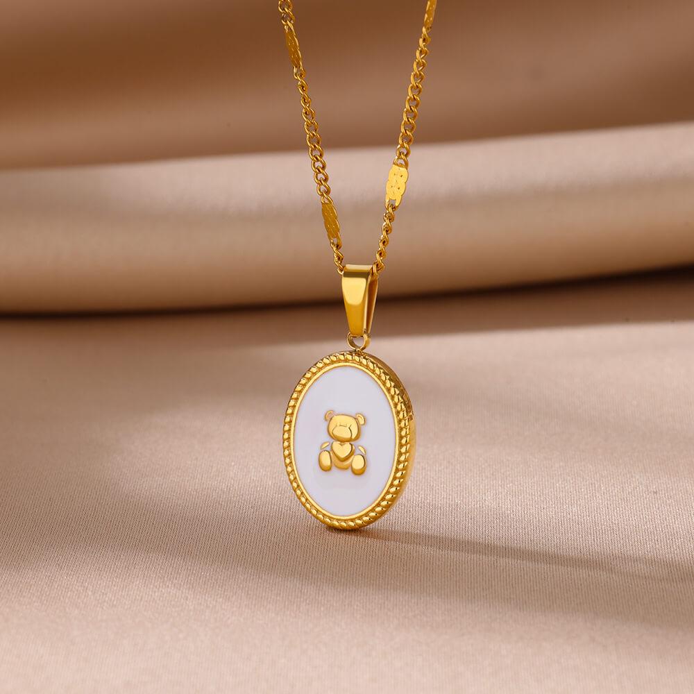 Tiny Bear White Oval Pendant Necklaces Stainless Steel Necklace For Women Aesthetic Waterproof Jewelry Accessories Gift