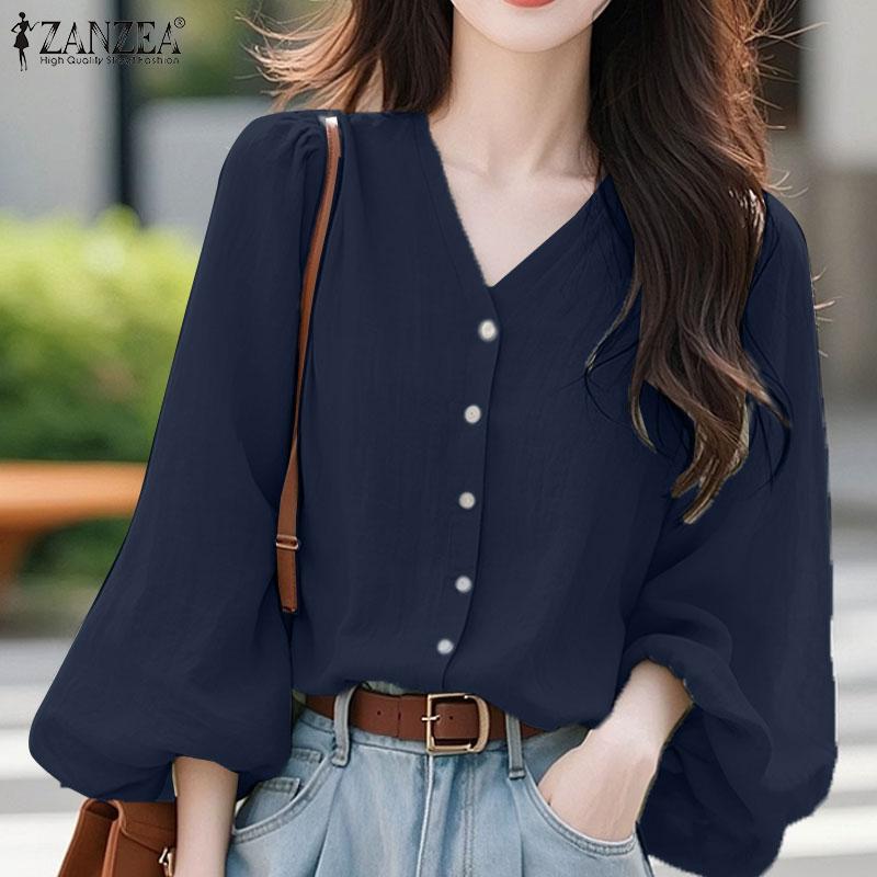 ZANZEA Womens Casual V-neck Loose Long Sleeve Blouse