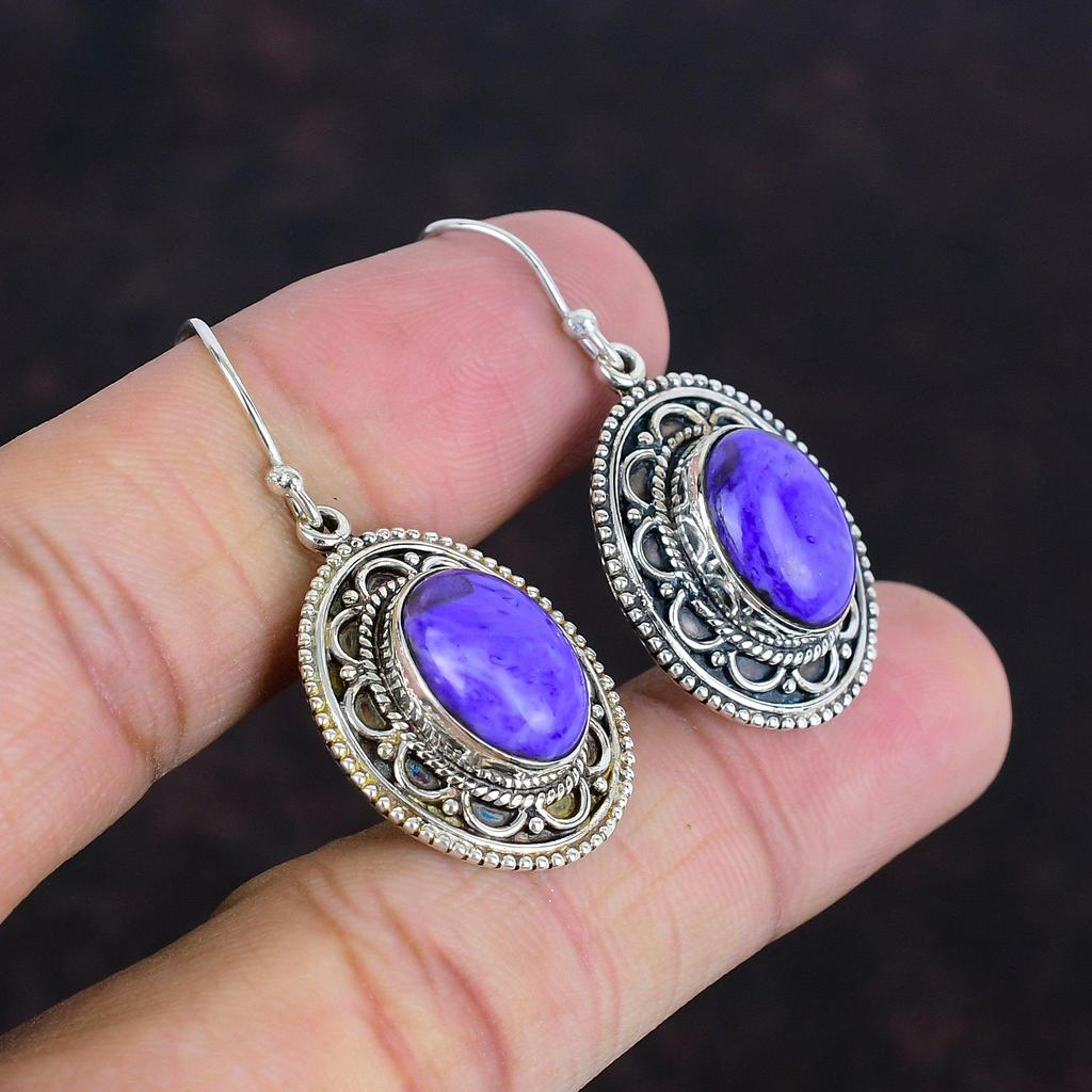Серьги из чароита, натуральные драгоценные камни, винтажные серьги, новейшие дизайнерские украшения, серьги из стерлингового серебра 925 пробы, серьги ручной работы, подарки для жены