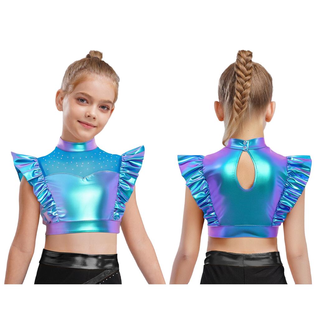 Kids Girls Metallic Tank Tops Mock Neck Mesh Patchwork Rhinestone Adorned Sleeveless Shiny Ruffle Crop Tops with Press Buttons Keyhole Back Dance Shir