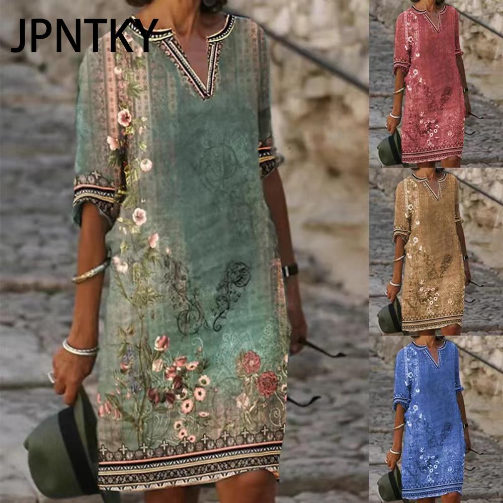 JPNTKY Women Sexy V Neck T-Shirt Dress Summer Women Short Sleeve Top Women Slim Midi Dress Beach Skirt Print Dress Casual Dress