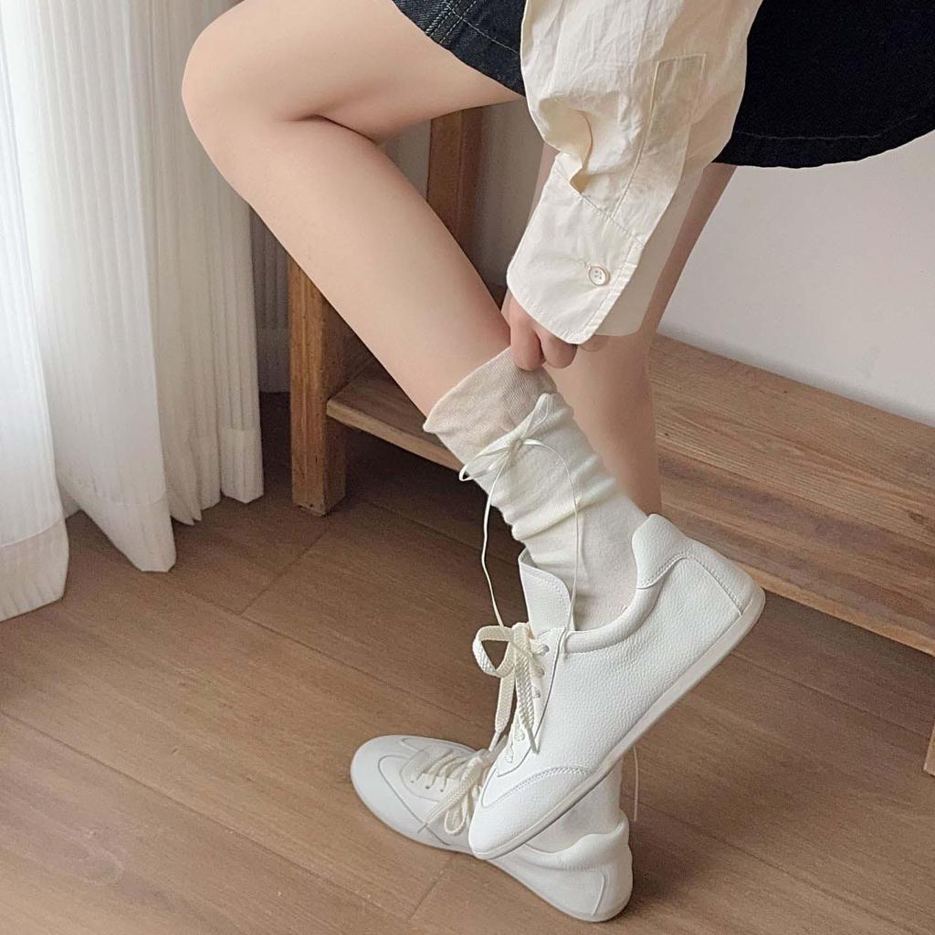 Lolita Lace Frill Mid-Calf Socks with Bow Ribbon - White Ballet Style JK Knee-Highs for Spring & Autumn