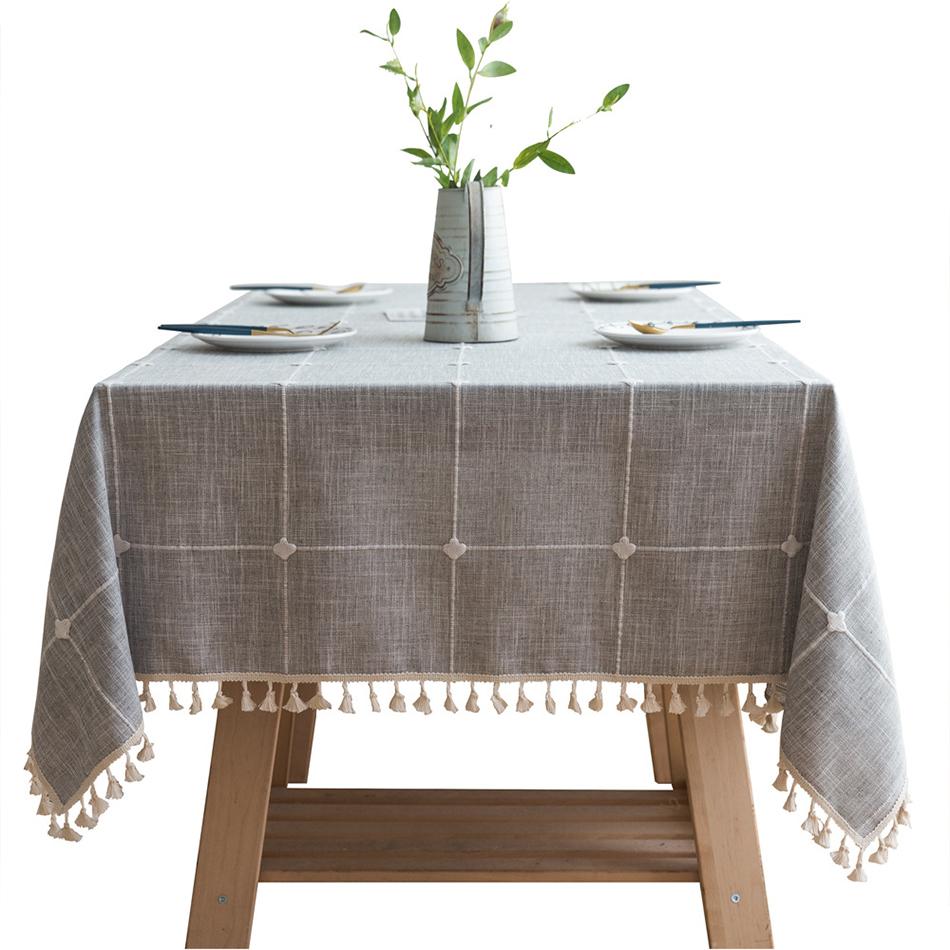 Linen Cotton Embroidery Lattice Tablecloth Rectangular Dustproof Tassels Table Cover For Kitchen Dinning Coffee Table Decoration