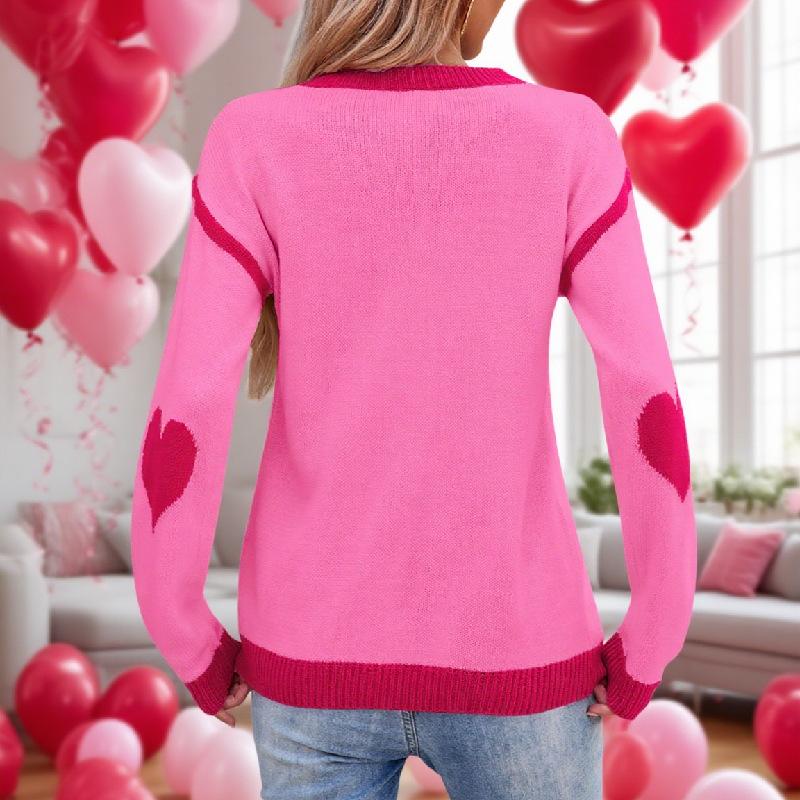 Women's Crew Neck Long Sleeve Heart Print Knit Sweater Loose Fit Casual Pullover Top