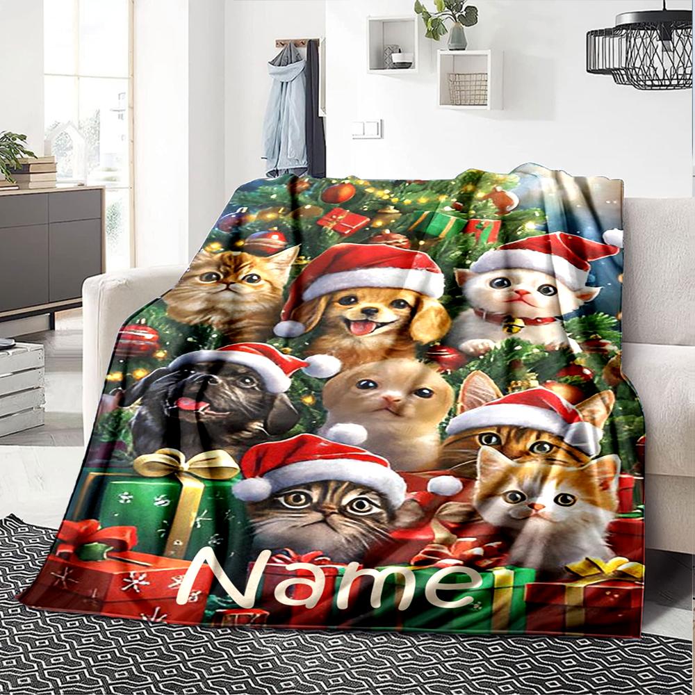 Custom Name Christmas Dog Theme Printed Blanket - Perfect for Couch, Bed, Travel & Outdoor Use | Machine Washable, Cozy & Durable.