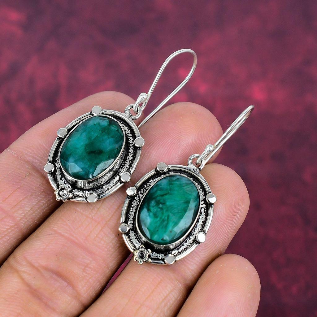 Emerald 925 Solid Sterling Silver Earrings, Handmade Gemstone Earrings Jewelry, Gifts For Wife Brand New Earrings
