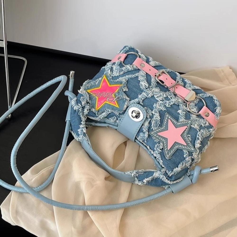 Spice Girl Denim Handbag Harajuku Underarm Shoulder Bag Casual Pink Star Crossbody Bag Girls