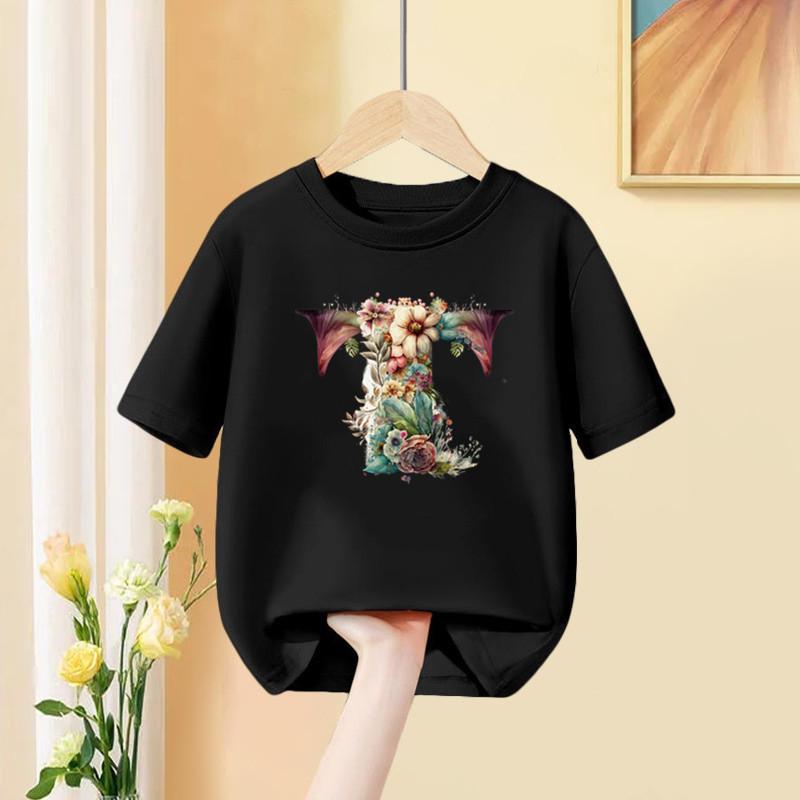 Flower letter combination personalized print summer casual children's black fashionable Polyester short sleeved T-shirt top