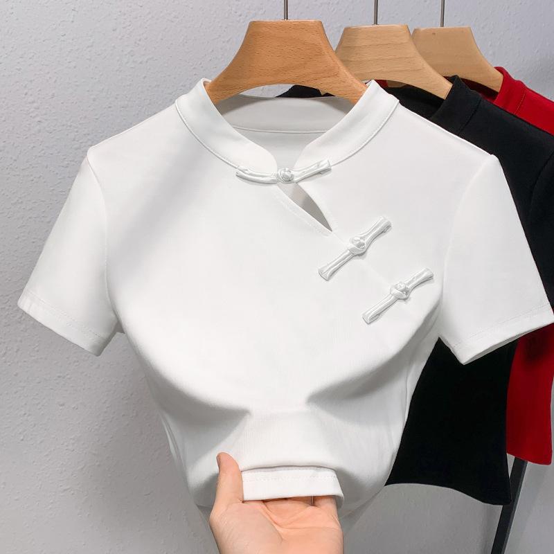 Новый топ с косой планкой на пуговицах в китайском стиле для лета, новая рубашка с воротником-стойкой в китайском стиле для женщин