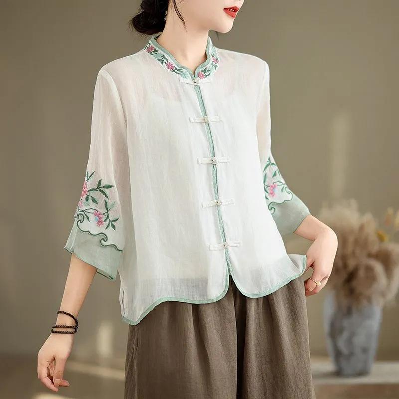 Хлопок и лен новая летняя ретро этническая рубашка со стоячим воротником вышитая женская ретро застежка-диск сочетание цветов рукав три четверти топ свободный