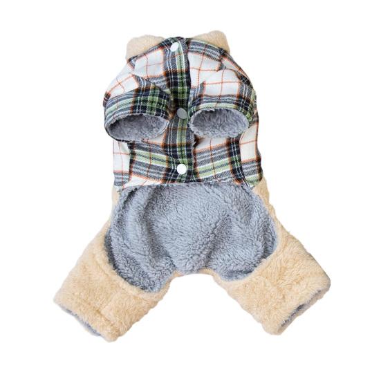 jijijing Fuzzy Bear Dog Jumpsuit, Cute Plaid Outfit, Warm 4-Legged Apparel, Plush Lined Cozy Onesie Clothes for Small Autumn Winter