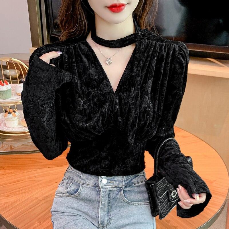 Сексуальная бархатная женская блузка, осенний винтажный стиль, французский шарф с запахом на талии, топы с v-образным вырезом, плиссированная футболка с длинным рукавом, приталенная футболка 29072
