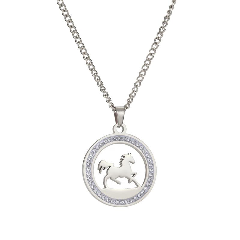 1 шт. Круглая подвеска-ожерелье Темперамент Инкрустированный бриллиантами Изысканная нержавеющая сталь Новогодний подарок Ожерелье с подвеской в виде лошади
