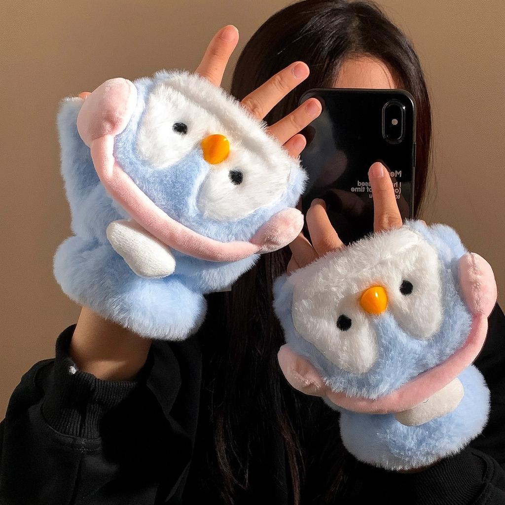 Cute little penguin flip half finger plush gloves female plush thickened warm student writing cold