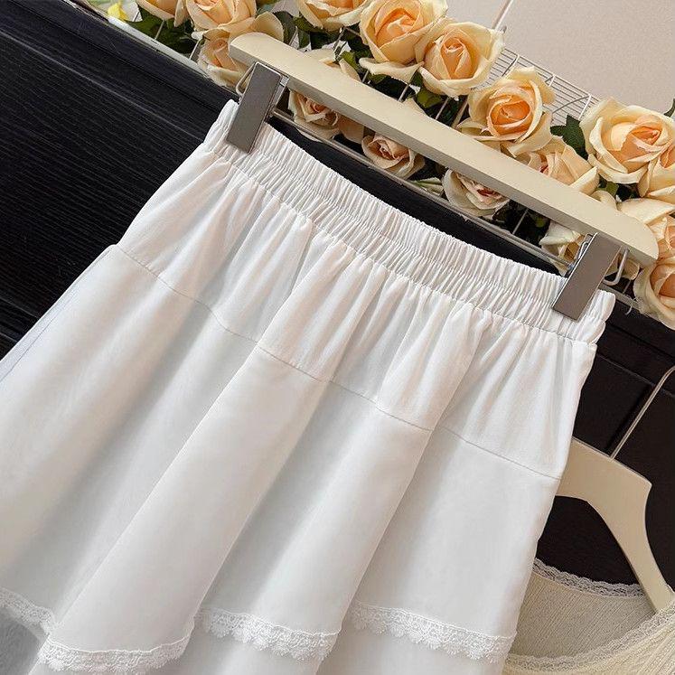 Неравномерная кружевная отделка, сетчатая юбка миди для женщин - Весна 2025, завышенная талия, А-силуэт, плиссированная, многоярусный дизайн.