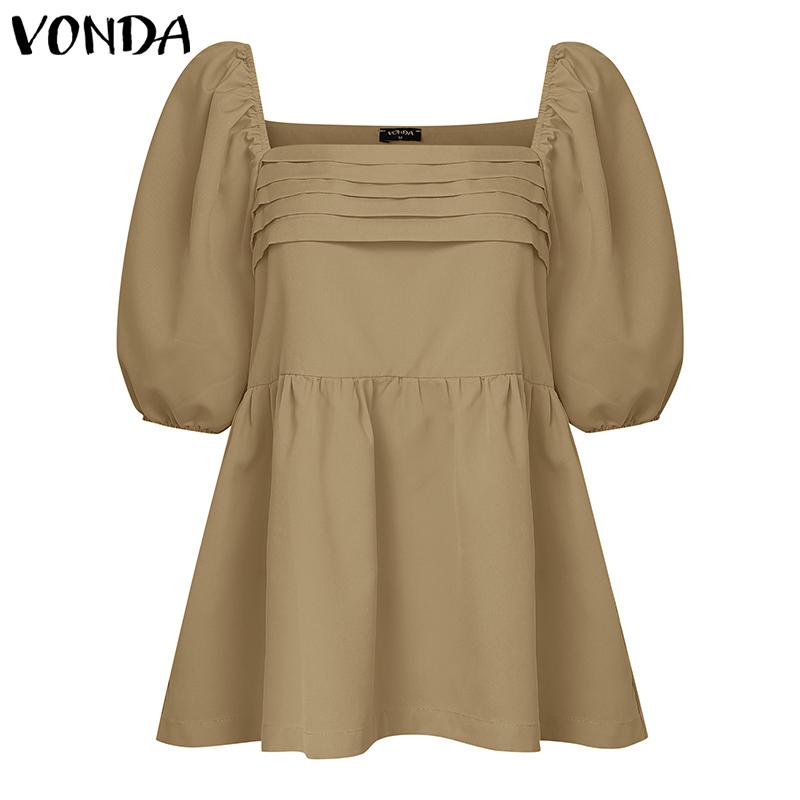 VONDA Summer Women Square Collar Puff Sleeve Ruched Casual Blouse Tops