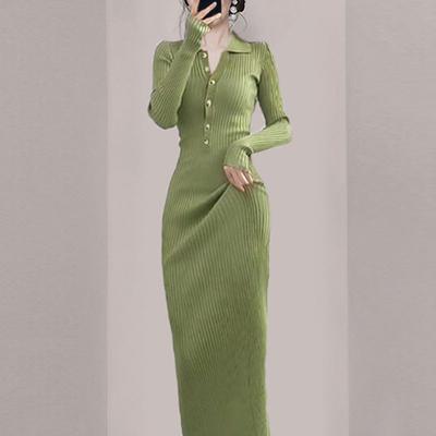 Elegant French-Inspired Knit Midi Dress Women High-Waisted Bodycon Long Sleeve Office Chic