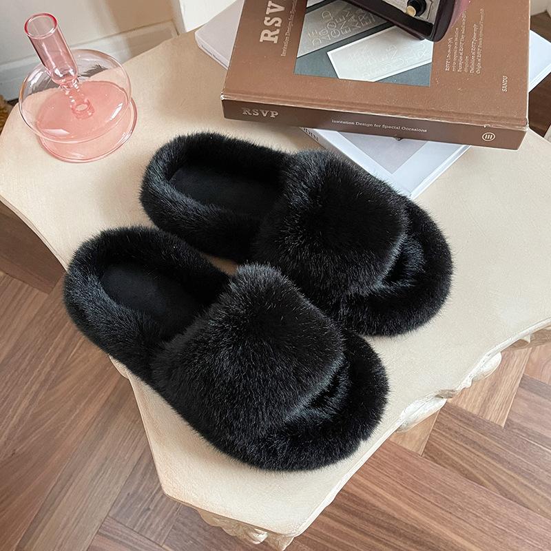 Увеличивающие рост толстоподошвенные пушистые тапочки женские осенне-зимние для улицы пушистая обувь на одной перемычке ins домашние домашние плюшевые тапочки весна и лето