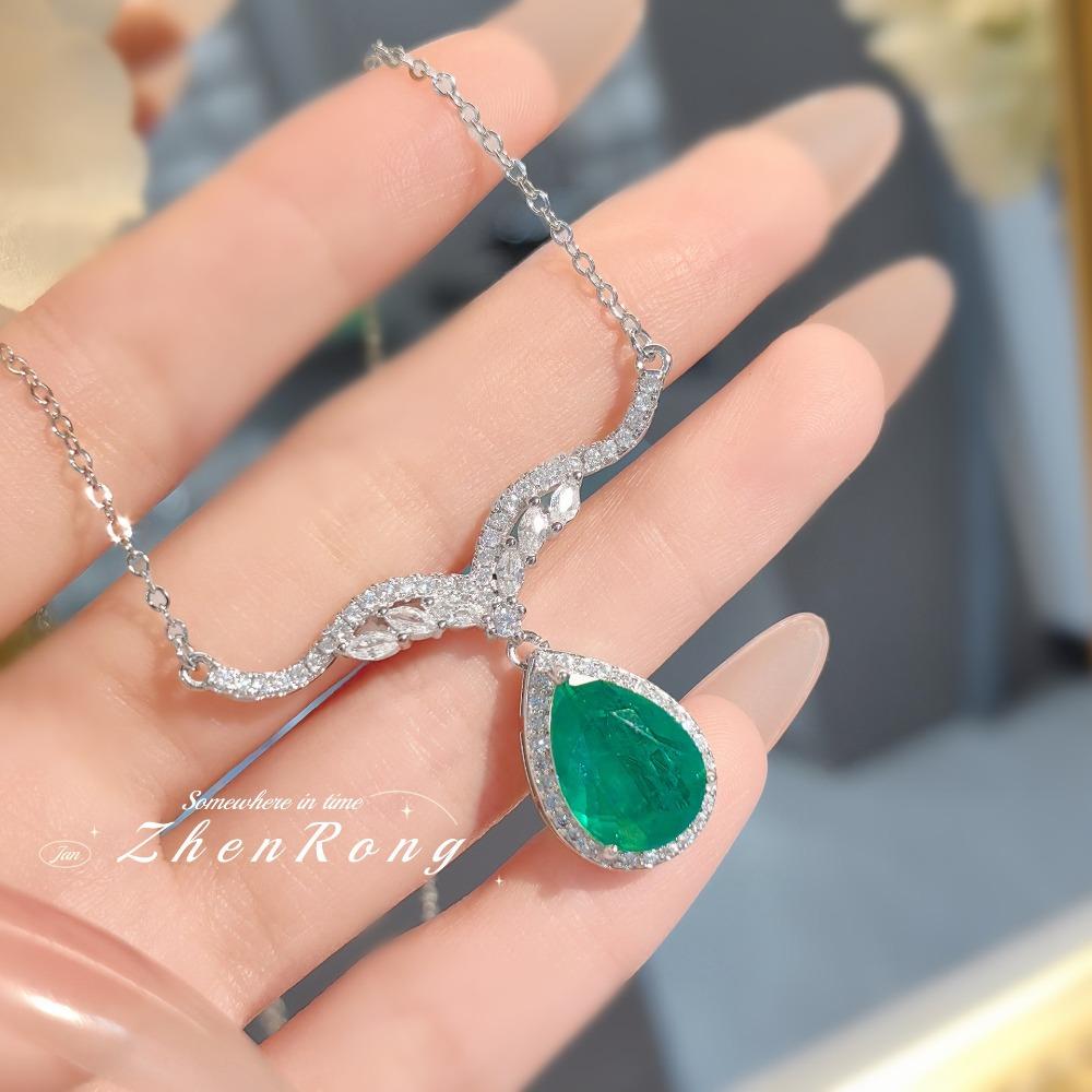 Emerald Necklace Women High Carbon Diamond Drop Pendant Luxury Dinner Party Cotton Collarbone Chain