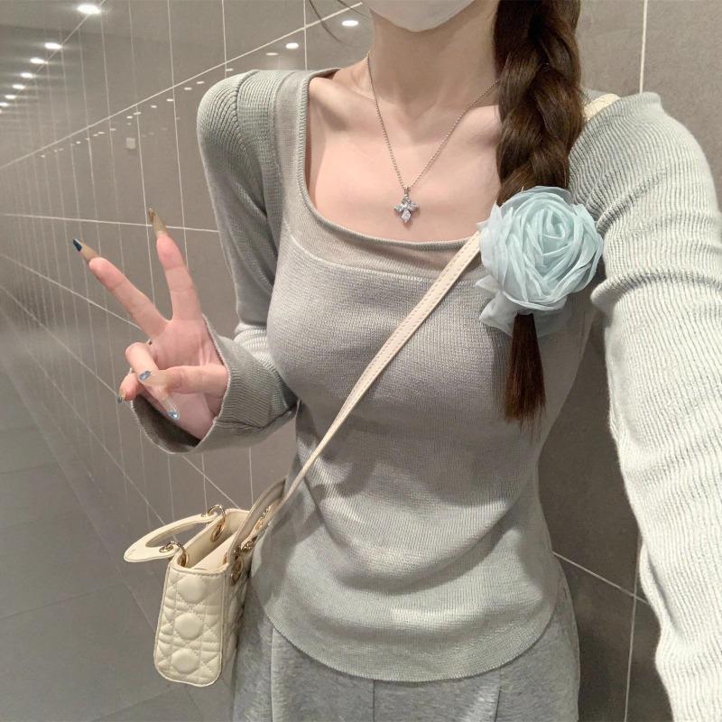 Wear a Gentle Wind Square Collar Top In Autumn and Winter, Women's Splicing Pure Desire Design Sense, Knitted Sweater Backing Sweater Inside
