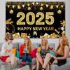 2025 Happy New Year Background Gold Black Hanging Flag Countdown Party Champagne Wine Glass Banner New Year's Eve Scene Decors